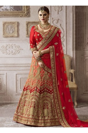 Red and dark peach color satin silk wedding lehenga 4001